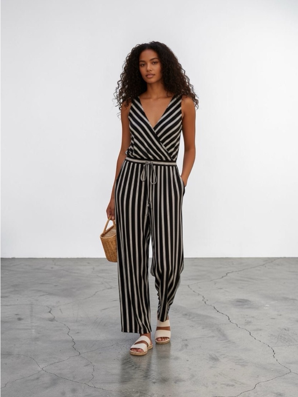 Fred David Black & White Striped Sleeveless Wrap Jumpsuit